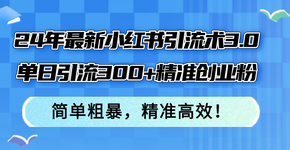 24年最新小红书引流术3.0，单日引流300+精准创业粉，简单粗暴，精准高效！-优优云网创