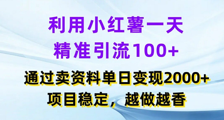 利用小红书一天精准引流100+，通过卖项目单日变现2k+，项目稳定，越做越香【揭秘】-优优云网创
