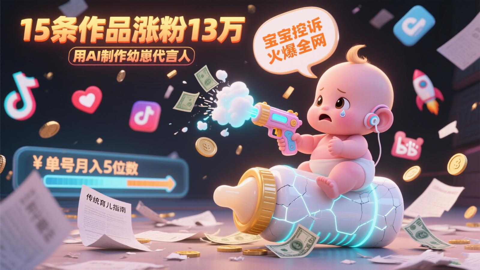 用AI制作幼崽代言人，宝宝的控诉火爆全网，15条作品涨粉13万，单号月入5位数实操教程-优优云网创