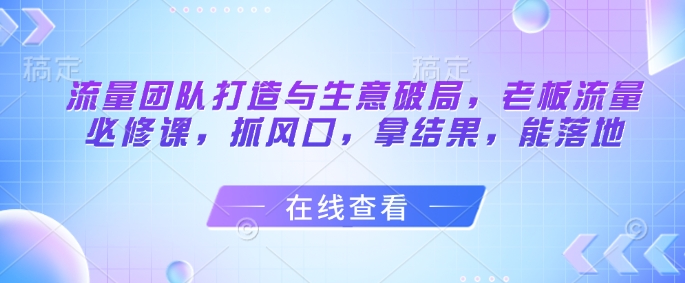 流量团队打造与生意破局，老板流量必修课，抓风口，拿结果，能落地-优优云网创