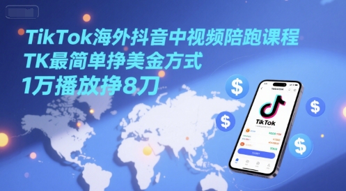 TikTok海外抖音中视频陪跑课程，TK最简单挣美金方式，1万播放挣8刀-优优云网创