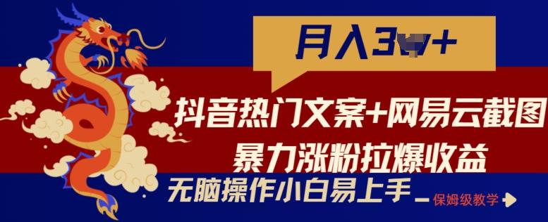抖音热门文案+网易云截图暴力涨粉拉爆收益玩法，小白无脑操作，简单易上手【揭秘】-优优云网创