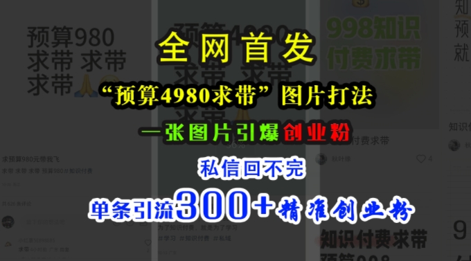 小红书“预算4980带我飞”图片打法，一张图片引爆创业粉，私信回不完，单条引流300+精准创业粉-优优云网创
